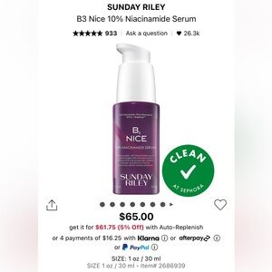 Brand New in Box Sunday Riley B3 Nice 10% Niacinamide Serum